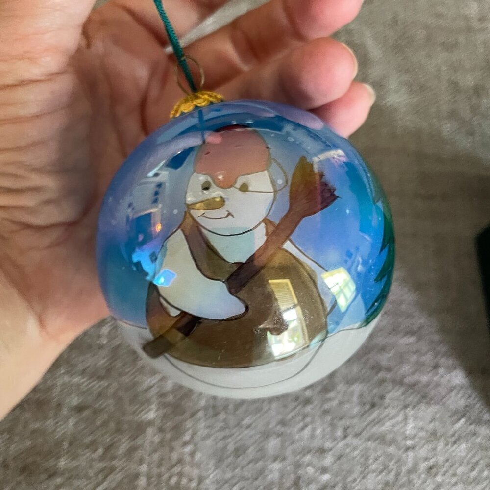 Vintage Hand Painted Snowman with Tree Round Glass Ornament Holiday!